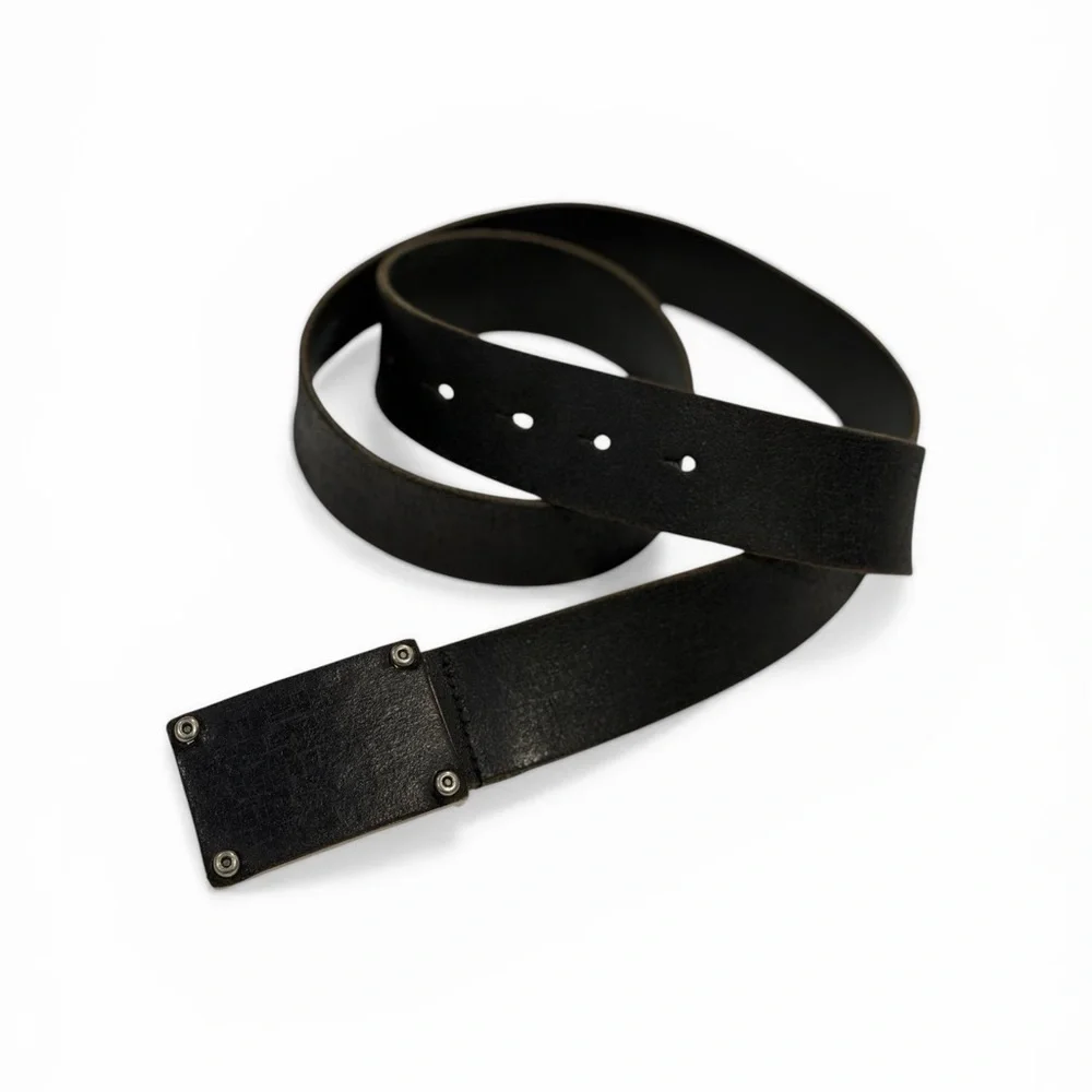 Vintage Aviator Black Leather Belt with Silver Plate Buckle